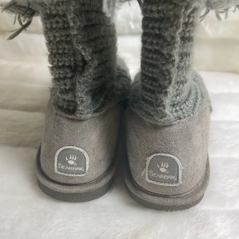 BearPaw gray knit sweater ankle boots suede back heels sheepskin footbed SZ8